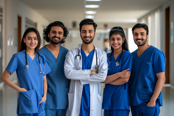 Photography of pakistani team of professional workers in a hospital.