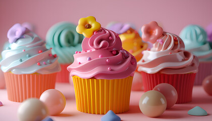 cupcakes with frosting and sprinkles, focus on pink frosting cupcake with flower on top