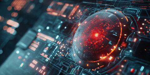 Red-Hued Advanced Cybernetic Interface with Central Data Nexus background wallpaper