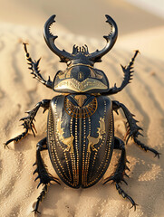 Egyptian scarab beetle, intricate gold engravings, representation of eternal life, exploring a vast desert under a clear sky Photography, sunlight, vignette - obrazy, fototapety, plakaty