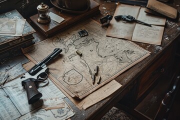 An old explorer's desk with a classic gun and map, ideal for an escape room ad, hinting at secret quests and hidden treasures - obrazy, fototapety, plakaty