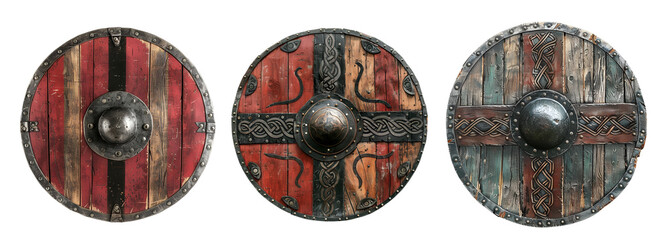 Wooden and metallic viking shields: a set in various rustic styles, Isolated on Transparent Background, PNG