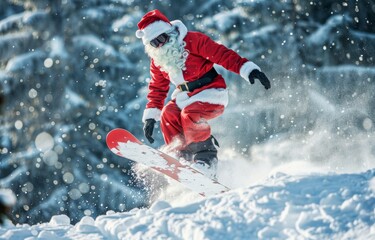 Fototapeta na wymiar Santa in full red suit catching air on a snowboard, Christmas spirit meets sport