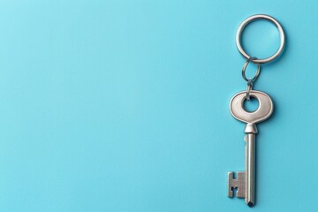 Silver key with space for message on keychain, against a soft blue background, representing the start of a new home era
