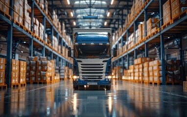 Truck in warehouse with cargo and goods, freight transportation - obrazy, fototapety, plakaty
