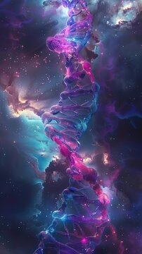 Vivid DNA helix glowing amid cosmic dust, lifes blueprint in space