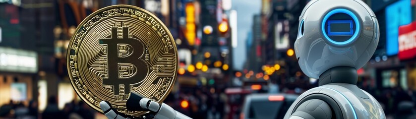 As technology advances, cities become a hub for Bitcoin trading among robots and humans , Prime Lenses - obrazy, fototapety, plakaty