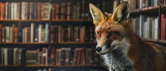 A fox sneaking through a corporate library, representing cunning and strategic thinking in business research - obrazy, fototapety, plakaty