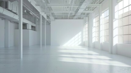 modern white warehouse interior, devoid of any items