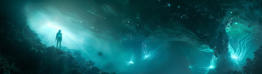 Fototapeta premium Extraterrestrial jellyfish-like creature, floating gracefully in a luminescent underwater cave, surrounded by sparkling bioluminescent sea creatures Realistic image Silhouette lighting Vignette