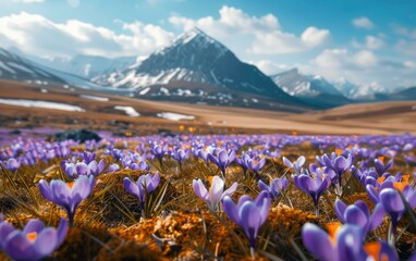 Blooming crocuses on the background of the mountain
