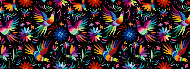 Ornate ethnic Mexican embroidery Otomi. Seamless pattern with birds and flowers on black background - 768328370