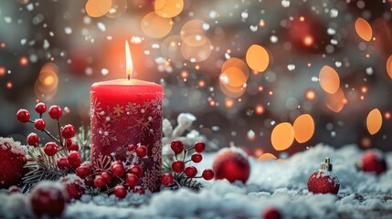 Festive Red Candle with Christmas Decorations