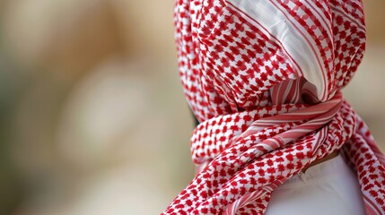 A closeup of the traditional red and white Ghutrah, a headscarf worn by oriental men