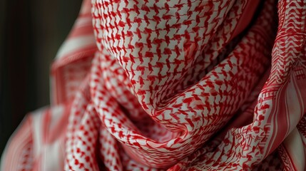 A closeup of the traditional red and white Ghutrah, a headscarf worn by oriental men - obrazy, fototapety, plakaty