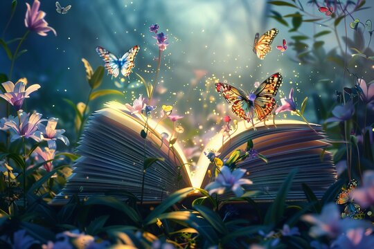Discover a captivating fantasy fairytale story unfolding book illuminated by a magical light and blooming flowers