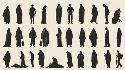 A collection of Muslim Arab man silhouettes in various poses and settings