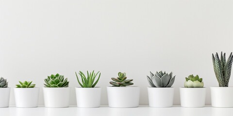 Row of Succulent Plants in White Pots Against a Clean Background, with copy space