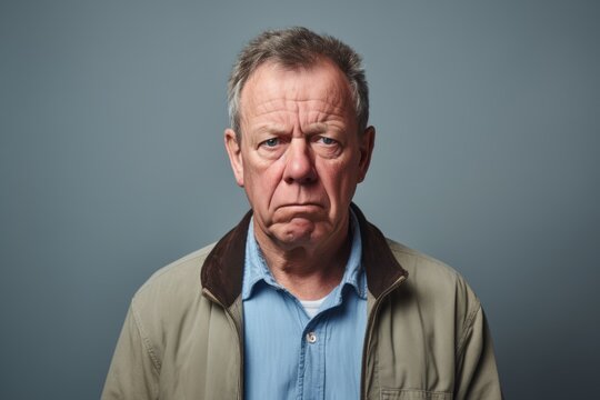 Portrait of an angry senior man looking at camera over grey background