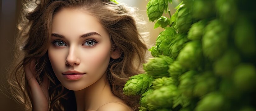 A portrait photography captures a happy event as a beautiful young woman with brown hair stands in front of a wall of green hops, showcasing her eyelash and eye shadow art