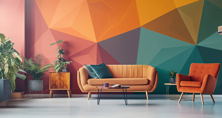 Modern Living Room Interior with Vibrant Geometric Wallpaper Design - obrazy, fototapety, plakaty