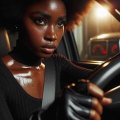 Uma linda mulher negra motorista de caminhão - obrazy, fototapety, plakaty
