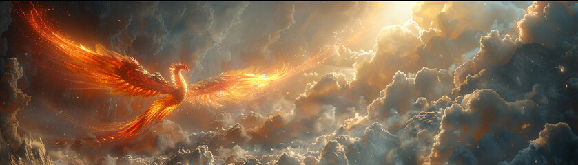 Golden Phoenix, ethereal robes, wings ablaze, reaching the peak of a mountain, storm clouds parting, surreal 3D art, backlighting, lens flare - obrazy, fototapety, plakaty