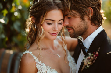 Close-up of a newlywed couple sharing a tender moment in a vineyard setting, displaying affection and happiness