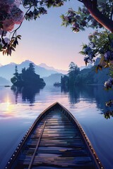 The soft light of dawn illuminates a gentle wooden boat as it drifts across the tranquil lake , Psychedelic funk art