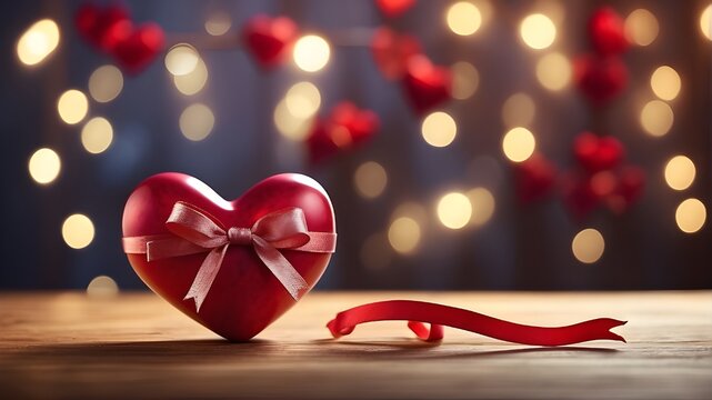 heart with golden ribbon on red background, A red heart with a ribbon on a table with blurry lights in the background and a blurry background. The image should feature a photorealistic rendering of a 