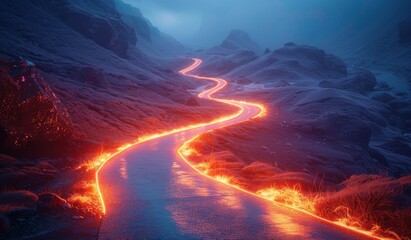 A fantasy landscape features a winding path with glowing edges suggestive of lava or unearthly energy carving through a mountain range