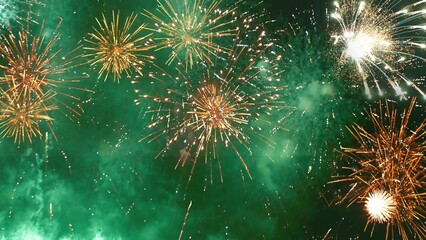 Green Firework celebrate anniversary happy new year 2024, 4th of july holiday festival. Green firework in night time celebrate national holiday. Countdown to new year 2025 festival party time event