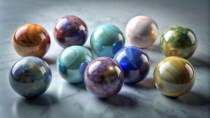 Nine Marbles - Colorful Glass Spheres on White Background - Toy Concept