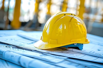 Construction Planning and Workplace Safety: Yellow Helmet on Construction Blueprints against a Construction Site Background. Concept Construction Planning, Workplace Safety, Yellow Helmet