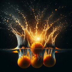 a scene full of energy and color, where several ripe oranges, their skins kissed by water droplets, are in the midst of falling into a deep