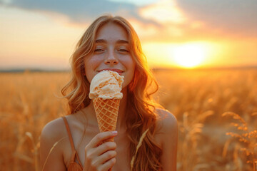 Woman enjoying ice cream in golden summer field. Generative AI image
