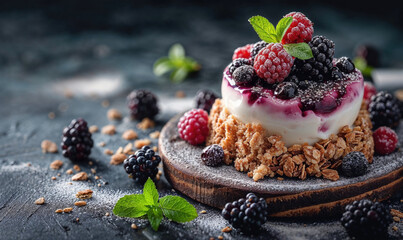 Fresh Berry Cheesecake on Dark Background. Generative AI image