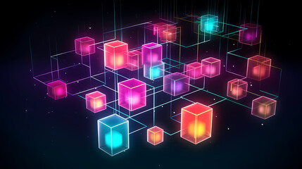 Abstract colorful floating cube in motion, blockchain cube
