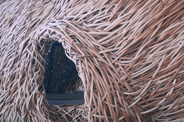 selective focus, rattan craft background, handicrafts, rattan furniture.