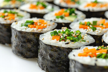 Fresh vegetarian sushi rolls on a white background. Generative AI image