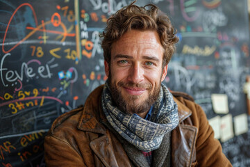 A charismatic male teacher with a friendly smile, standing before a colorful chalkboard. Generative AI