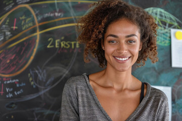 A radiant teacher smiles in front of a colorful chalkboard filled with educational diagrams. Generative AI