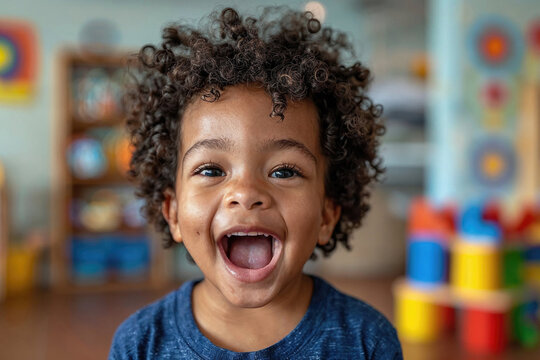 A child with a beaming smile in a playful setting, capturing the innocence and joy of childhood. Generative AI