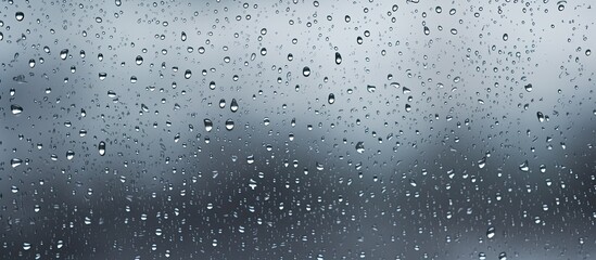 Close-up view of a window covered in rain with multiple raindrops creating a pattern on the glass