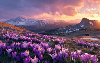 Blooming crocuses on the background of the mountain - obrazy, fototapety, plakaty