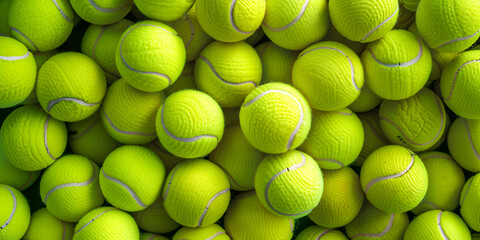 Many tennis balls in the basket on tennis court  Close up of tennis balls Sports background Lots of vibrant tennis balls, pattern of new tennis balls for background. - obrazy, fototapety, plakaty