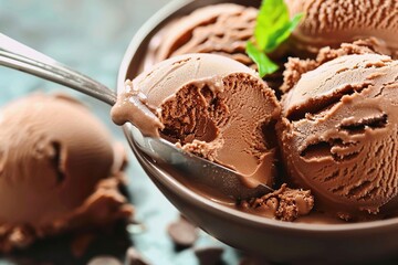 Chocolate ice cream in a bowl with leaf. generative ai - Powered by Adobe