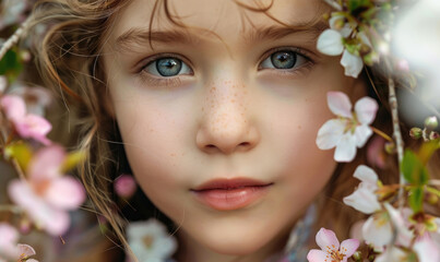 Naklejka premium A cute child girl surrounded by spring flowers