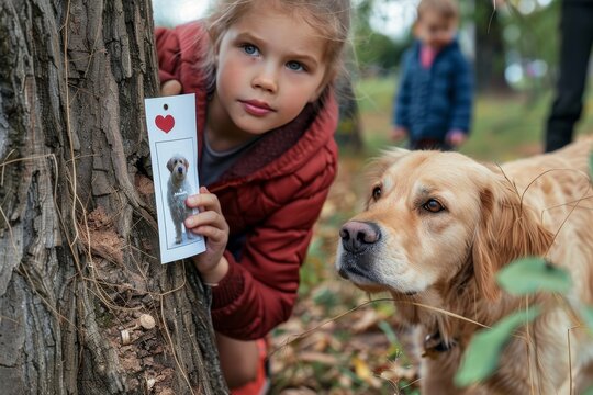 A young girl closely looking at a missing dog poster with a golden retriever beside her - Powered by Adobe