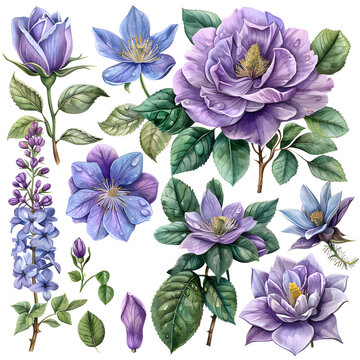Set of elements of summer flowers, celebration, lilac, bells, rose and magnolia, watercolor drawing